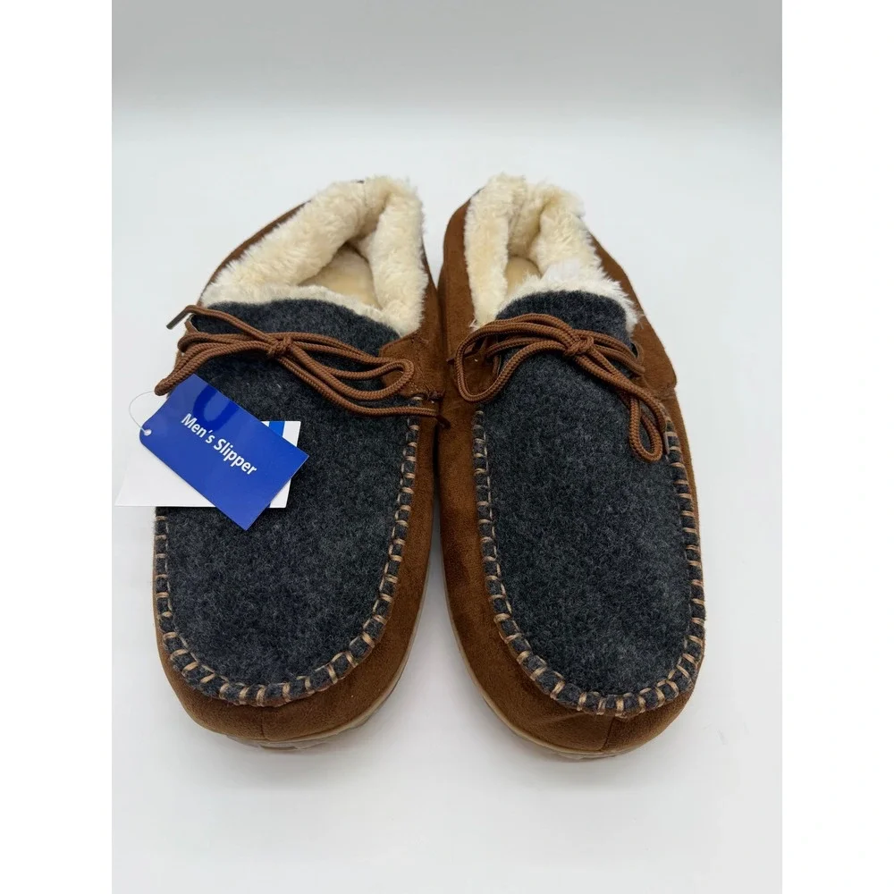 Mens Brown Faux Suede Moccasin Slippers Trim Faux Fur Lined Size 12 NEW